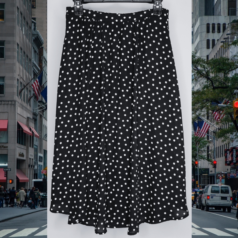Bobeau Black With White Polka Dots Midi Skirt, Size Small